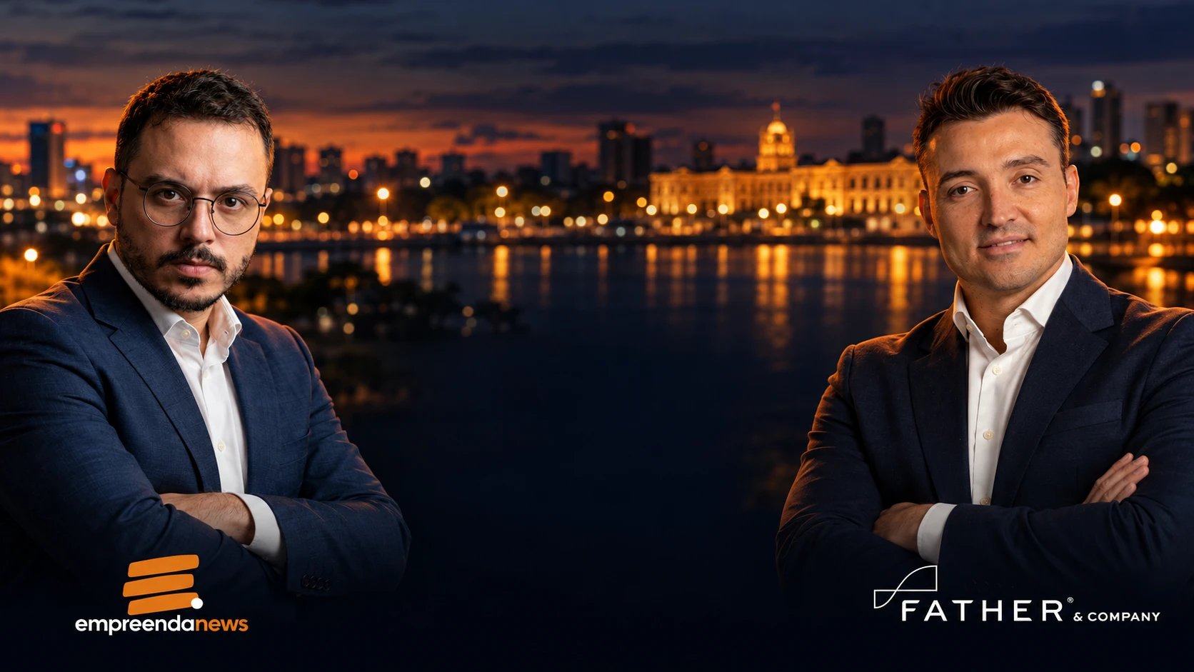 João Paulo, do Empreenda News, e Thiago, da Father & Company, com Assunção ao fundo
